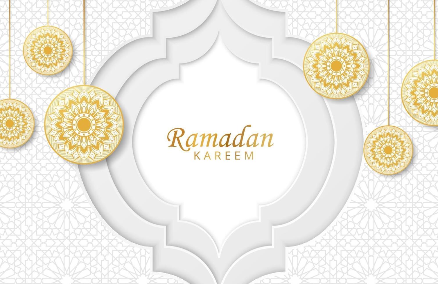 Fondo de Ramadán Kareem con mandala de oro y adorno de corte de papel blanco ilustración vectorial para celebraciones del mes sagrado islámico vector