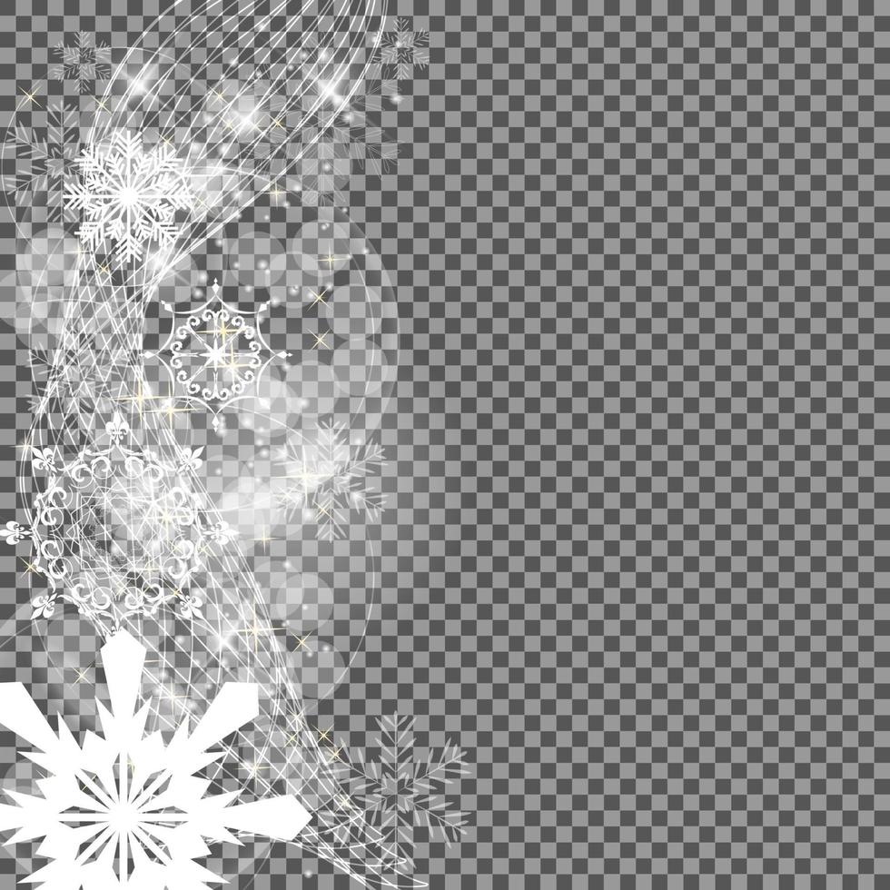 Falling Shining Snowflakes and Snow on Transparent Background. Christmas, Winter and New Year Background. Realistic Vector illustration for Your Design