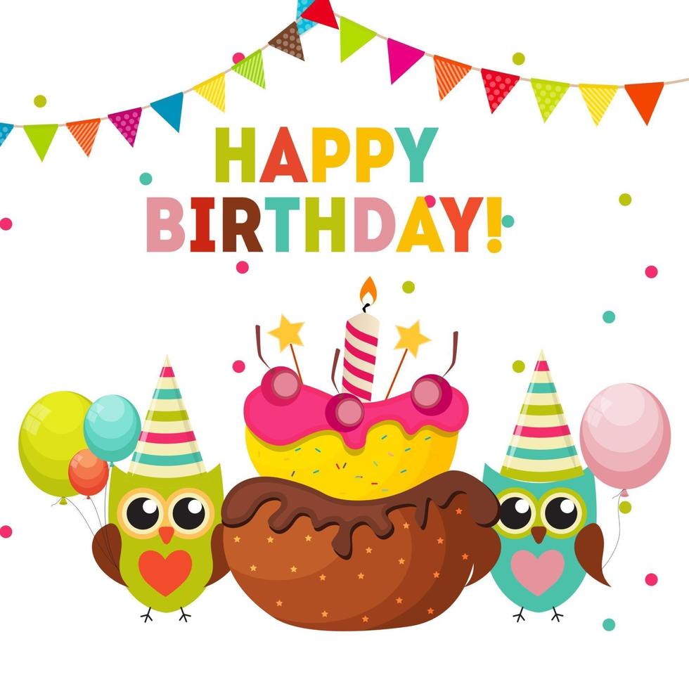Cute Owl Happy Birthday Background with Balloons and Place for Y vector