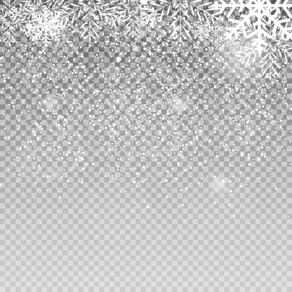 Falling Shining Snowflakes and Snow on Transparent Background. Christmas, Winter and New Year Background. Realistic Vector illustration for Your Design