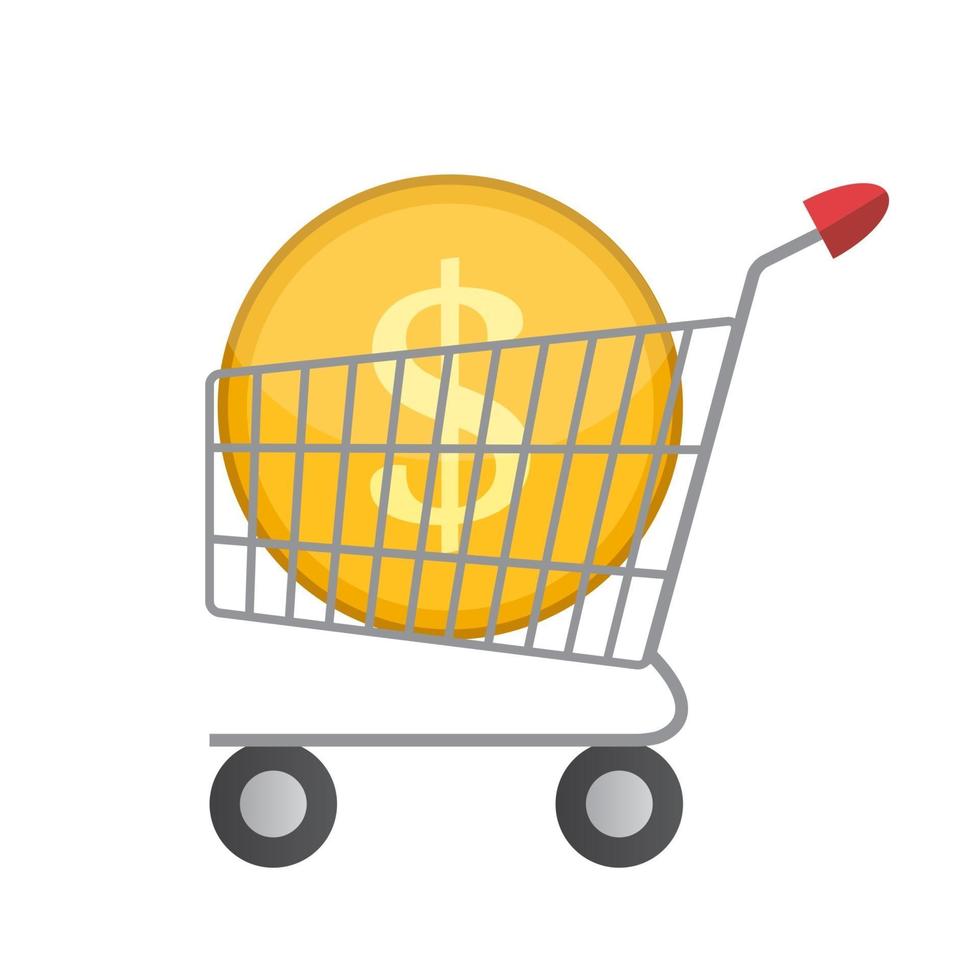 Icono de carro de supermercado plano con ilustración de vector de dinero de moneda de oro