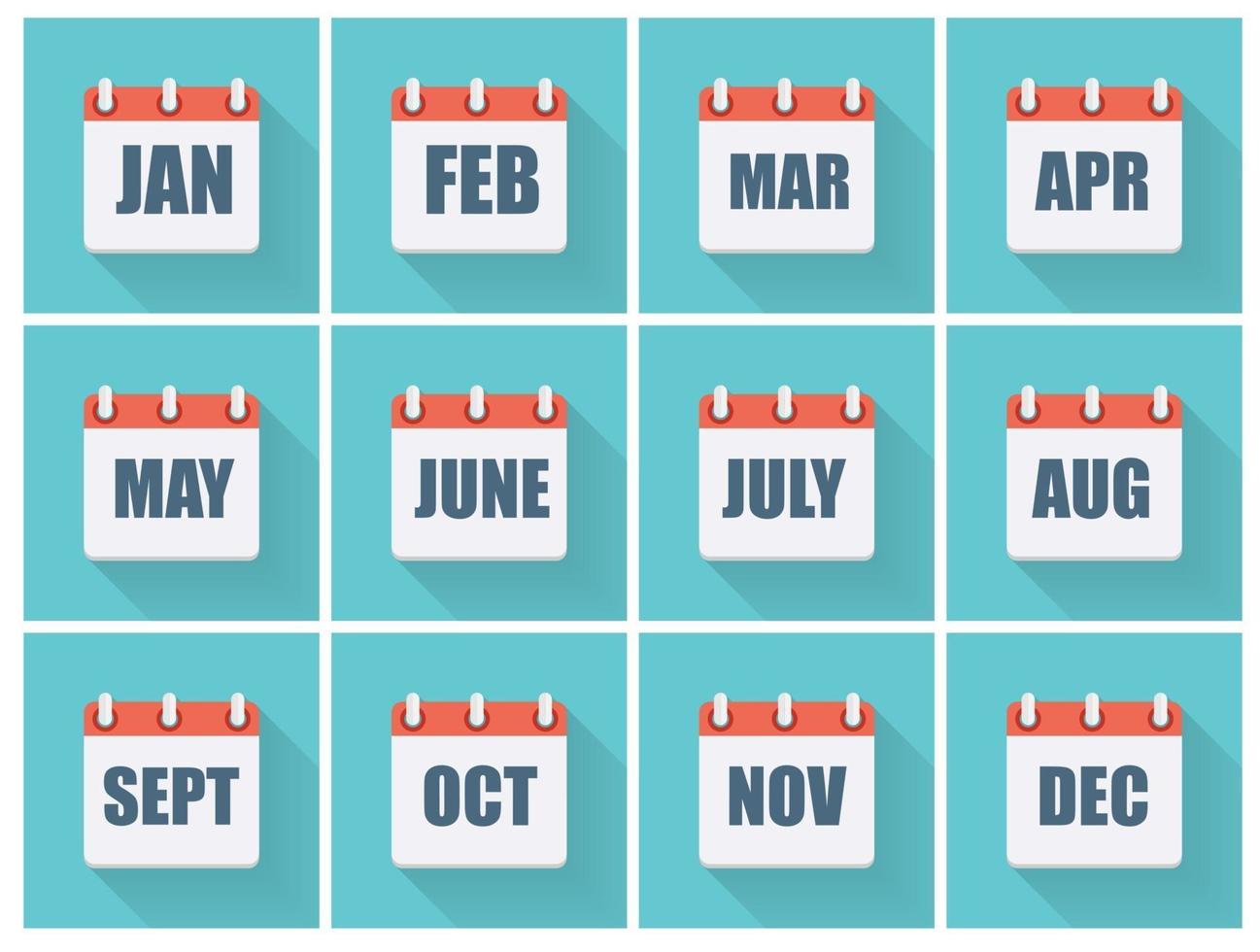 Month Dates Flat Icon Set with Long Shadow. Vector Illustration