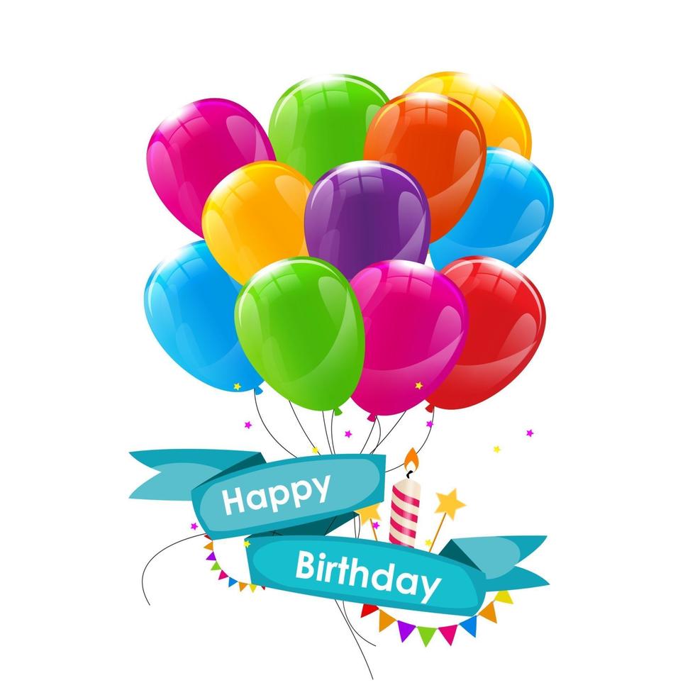 Happy Birthday Card Template with Balloons, Ribbon and Candle Ve vector