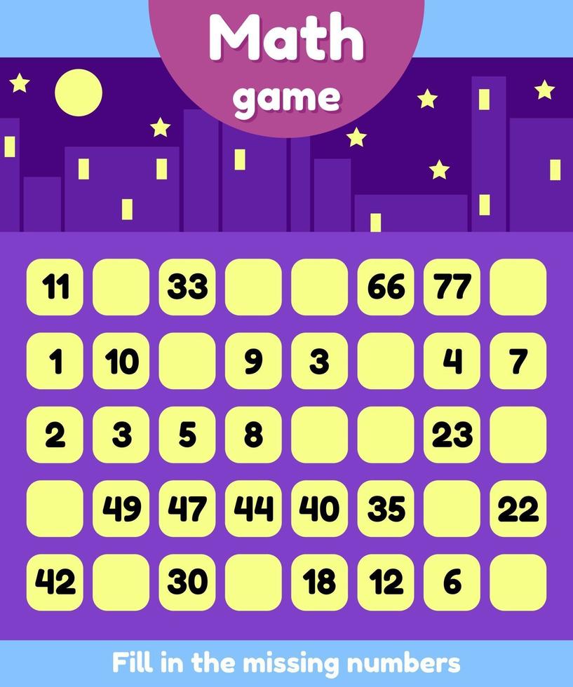 Vector illustration. Math game for preschool and school age children. Fill the missing numbers. Find a sequence.