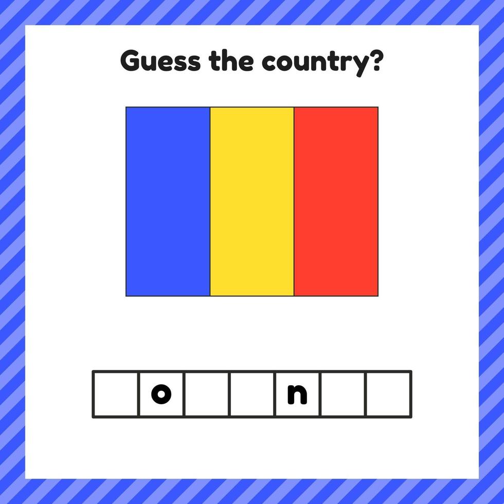 Worksheet on geography for preschool and school kids. Crossword. Romania flag. Cuess the country. vector