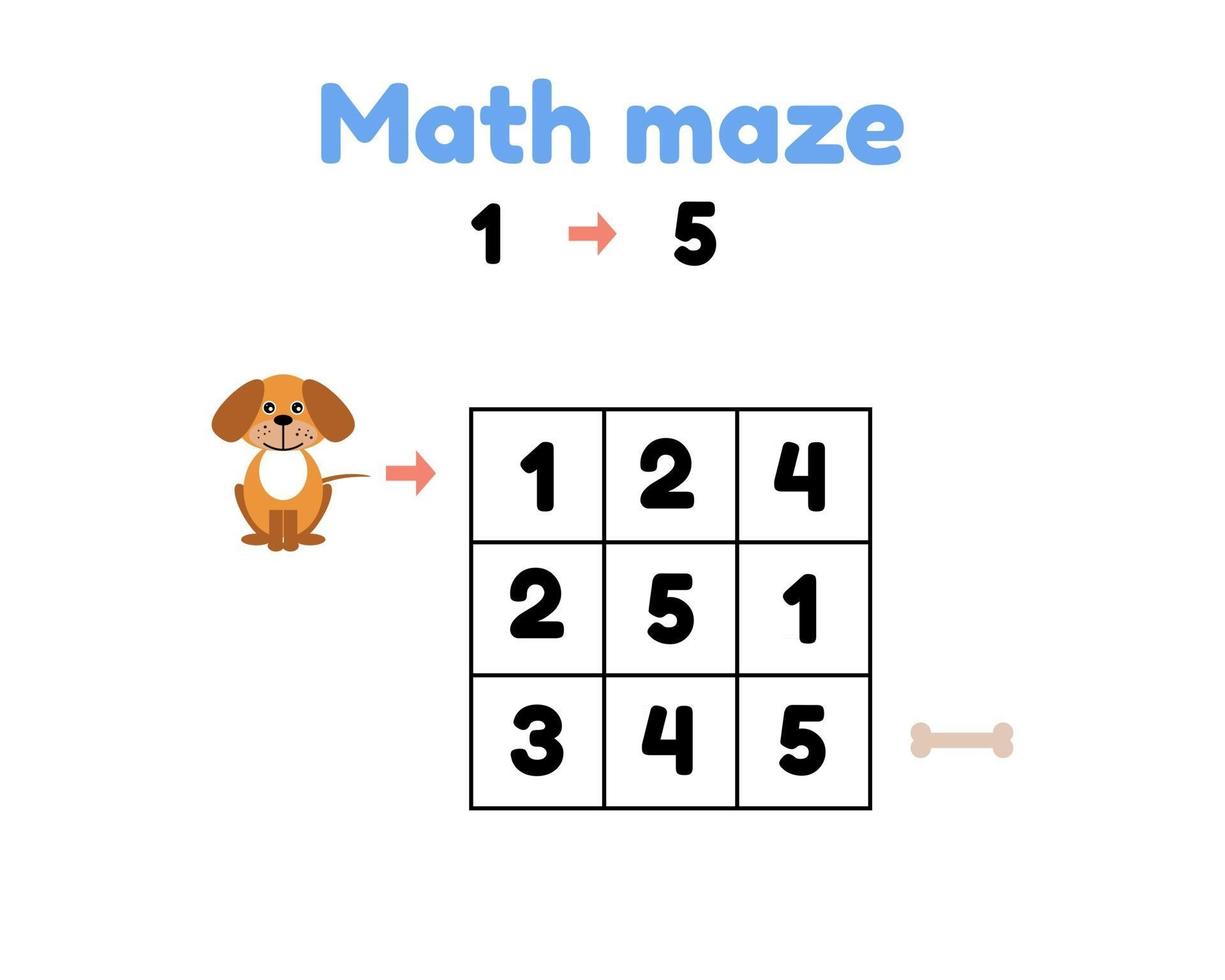 vector illustration. game for preschool children. mathematical maze. help the puppy to get to the bone. find numbers from 1 to 5