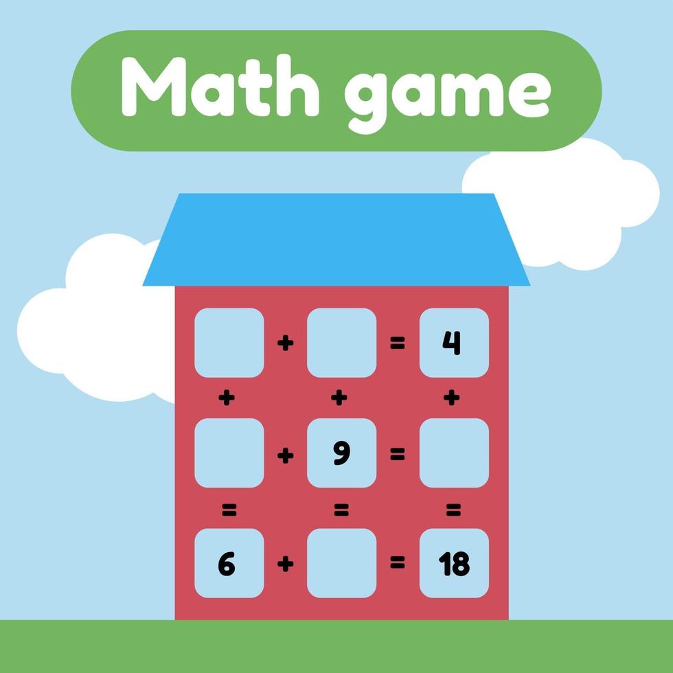 Vector illustration. Math game for preschool and school age children. Count and insert the correct numbers. Addition. House with windows.
