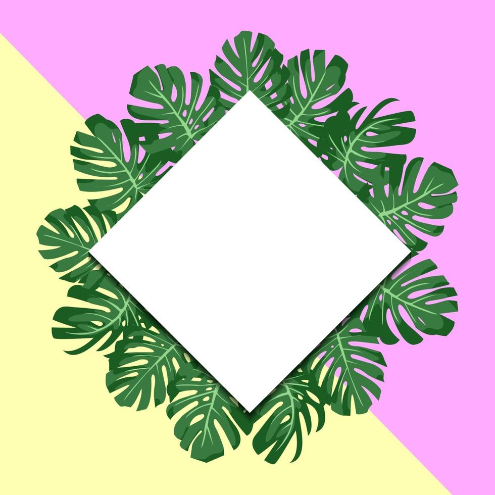 vector illustration. exotic tropical green leaves monstera. paper banner rhombus. yellow and pink background