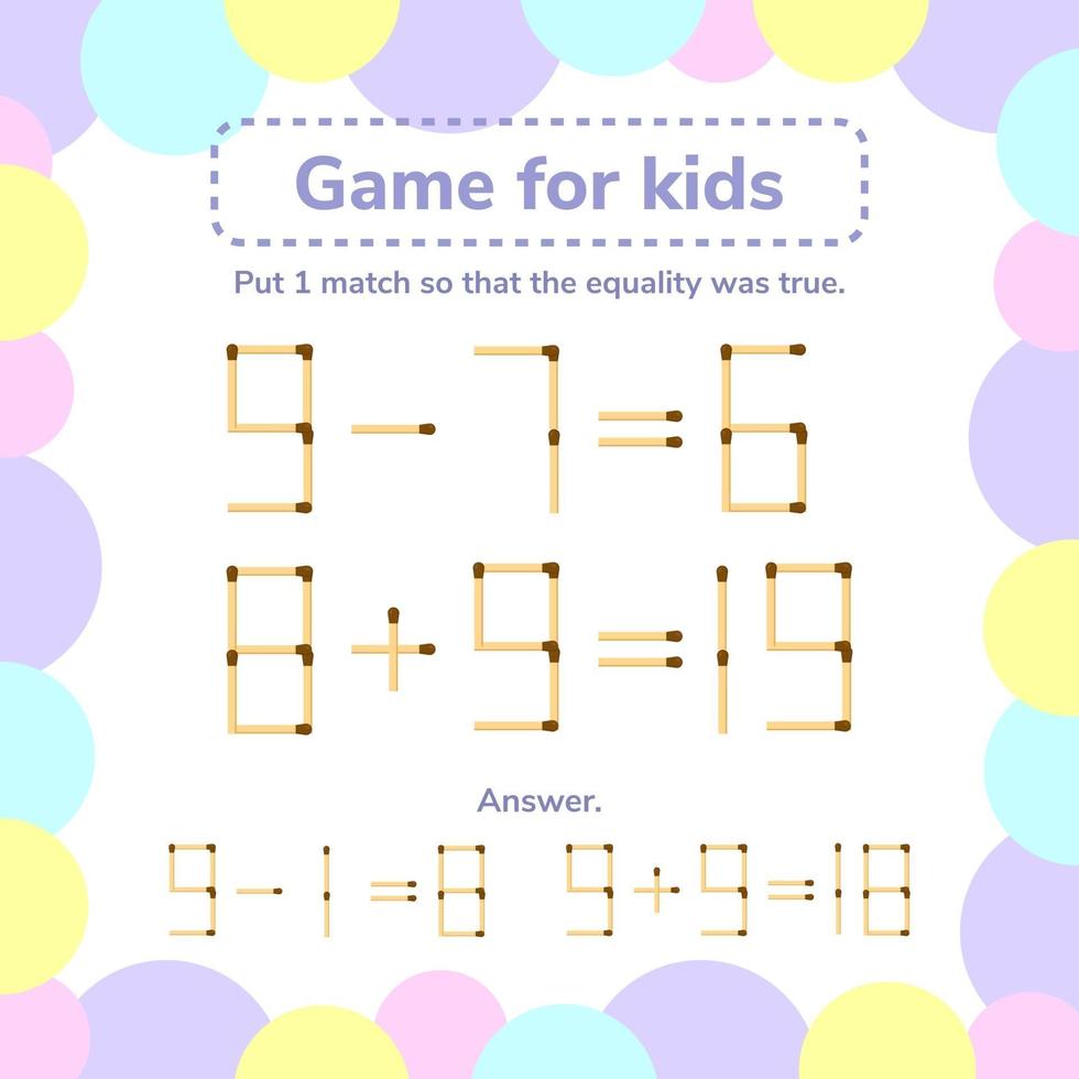 vector illustration. math game for kids. Put 1 matchstick so tha