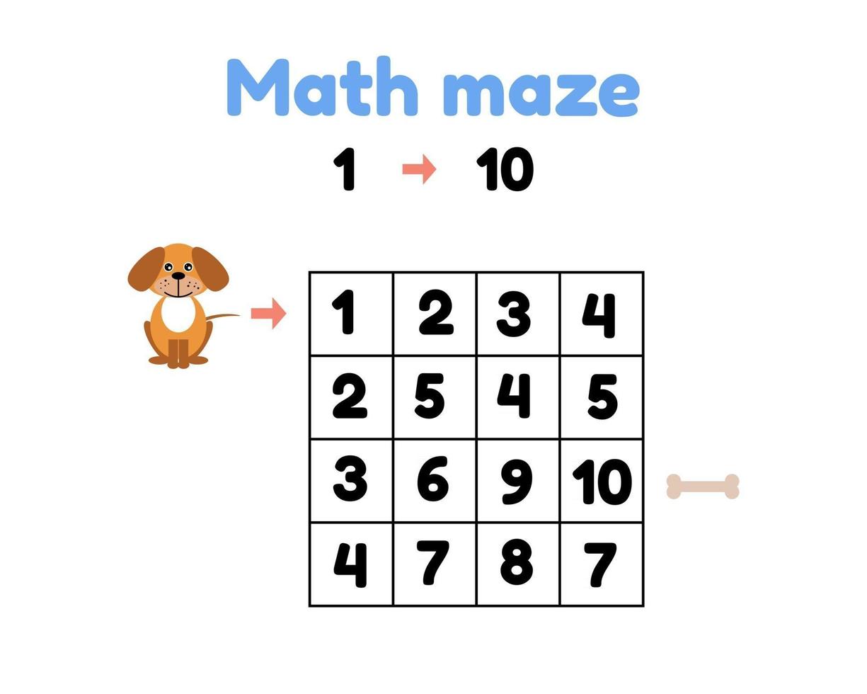 vector illustration. game for preschool children. mathematical maze. help the puppy to get to the bone. find numbers from 1 to 10