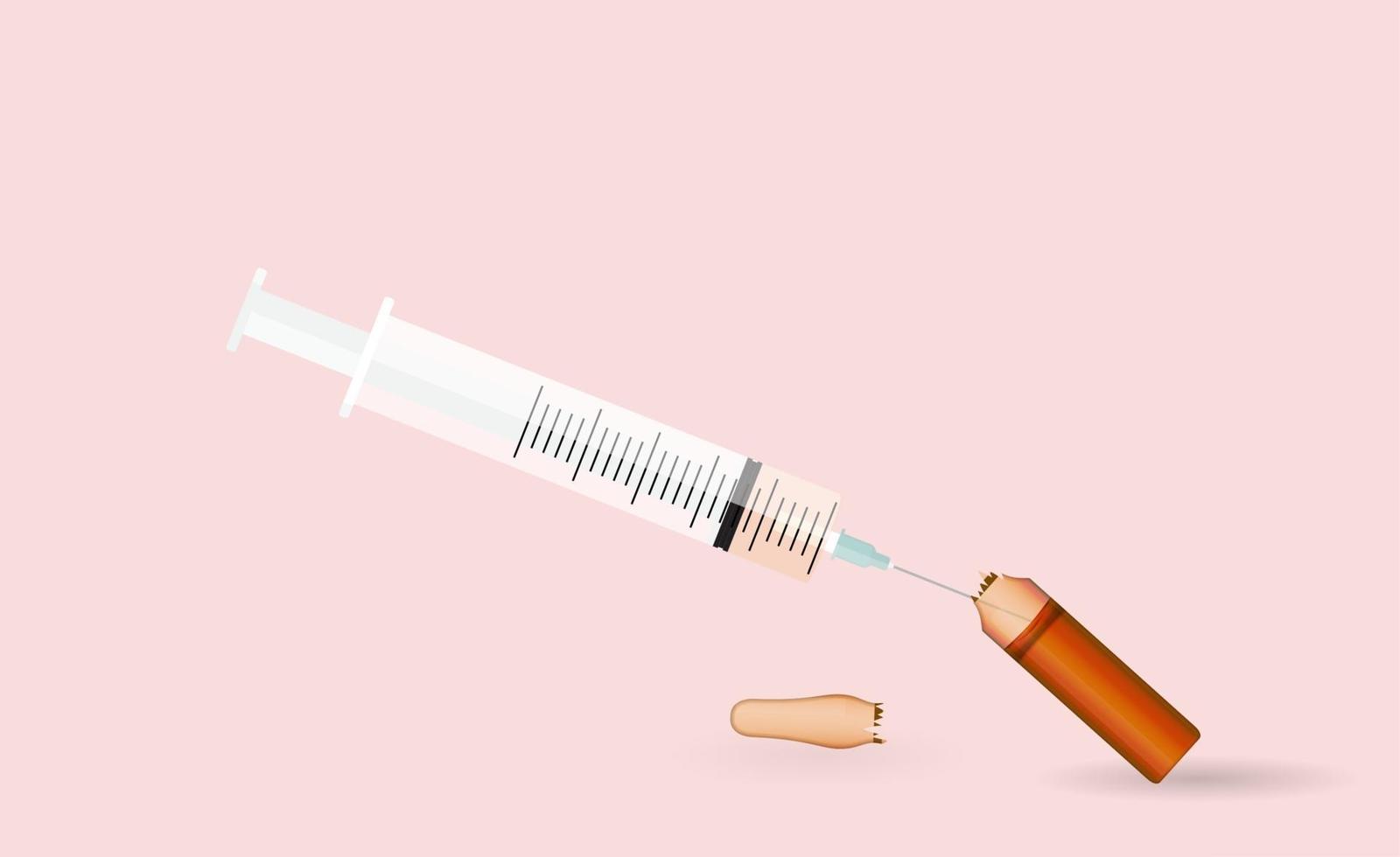 Syringe with Transparent ampoule with substance on pink background. Vector Illustration.
