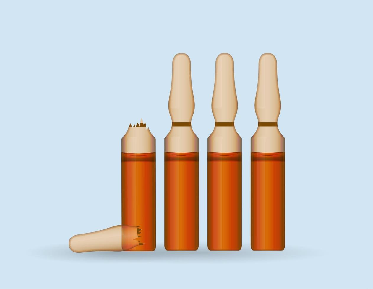 Transparent ampoule with substance on blue background. Vector Illustration.