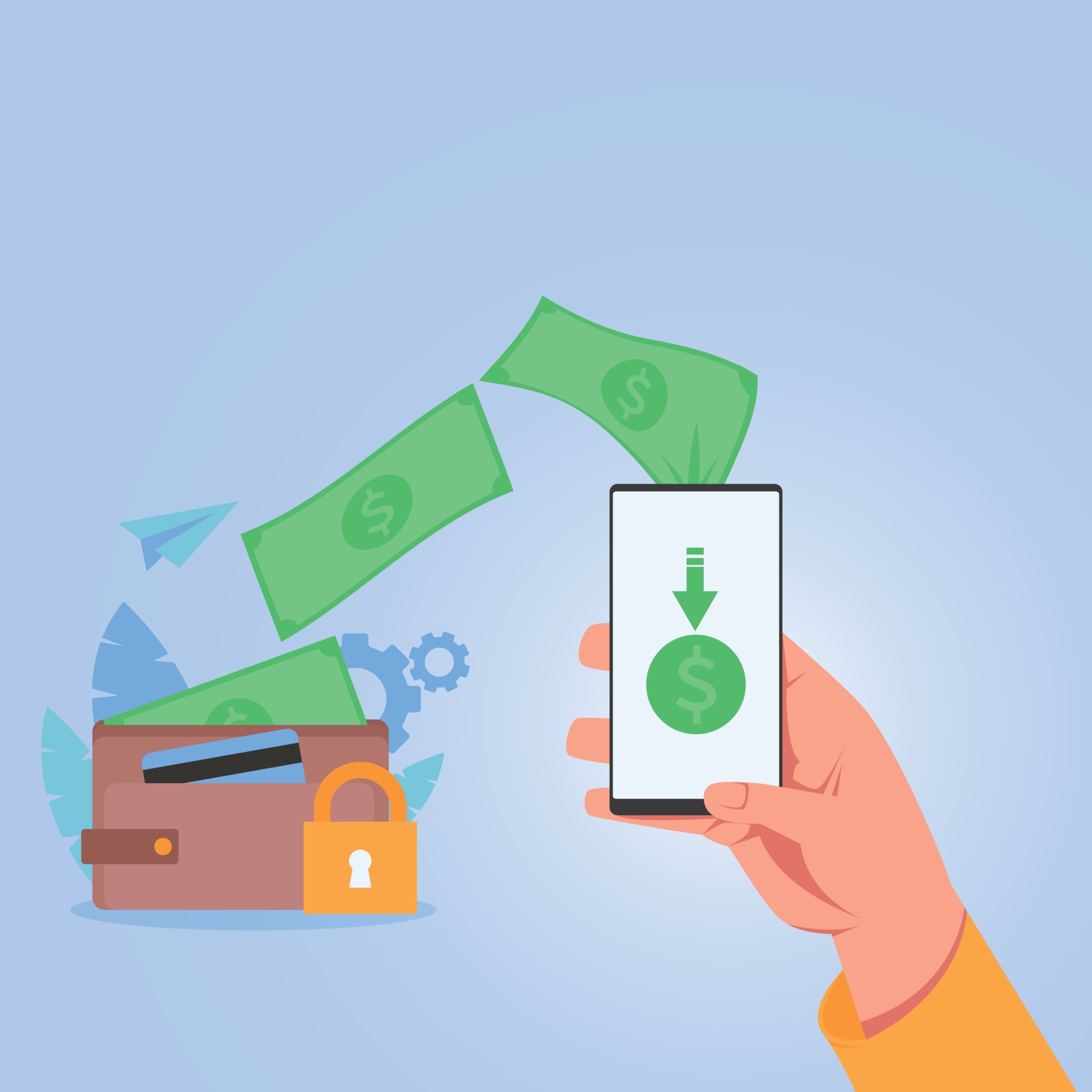 Hand hold phone, exchange money from wallet to digital payment and