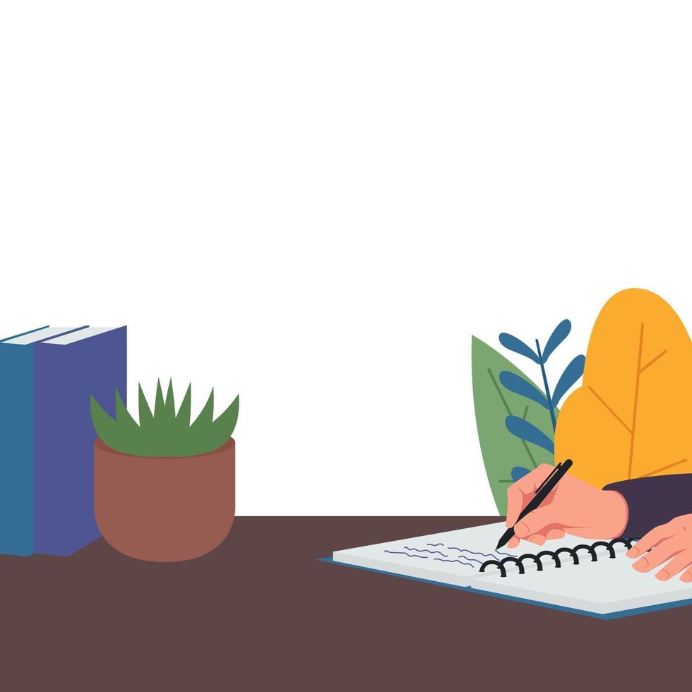 Hand hold pen and write book on table. There is plant and books on table. Has meaning of write diary, journey and agenda. Business flat vector concept illustration.