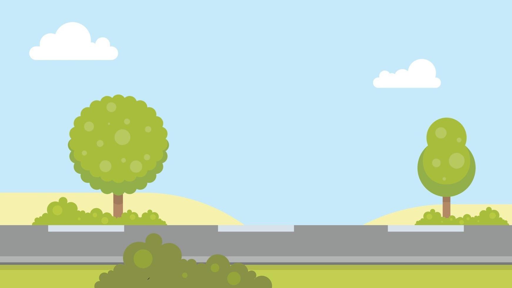 Straight empty road through the countryside. Desert hills, blue sky, bushes and trees. Flat Design Summer landscape vector illustration.