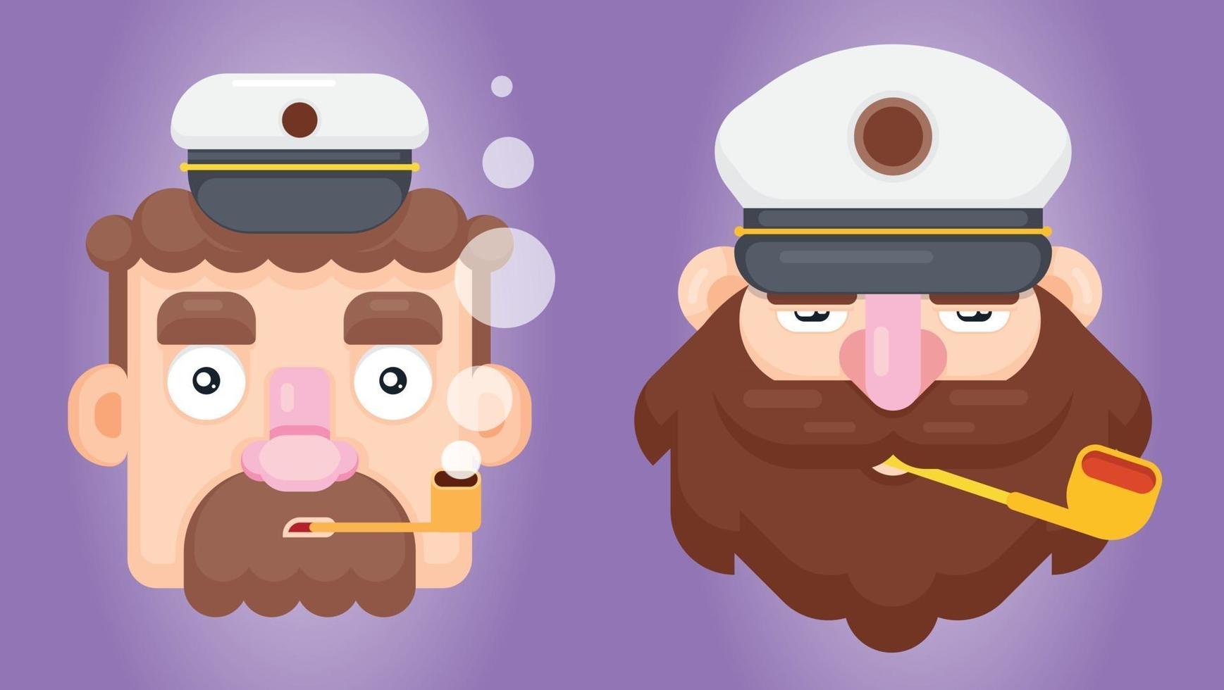 Conjunto de dos capitán de barco barbudo o patrón con pipa y gorra de pico. Ilustración de vector de marinero de fumar de diseño plano.