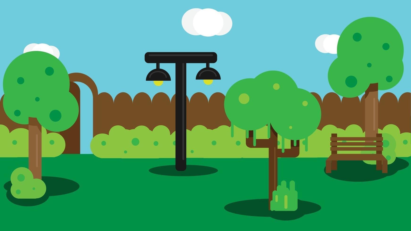 City park with green trees, bench, bushes and lantern. City park landscape nature. Urban public garden. Flat design vector illustration.