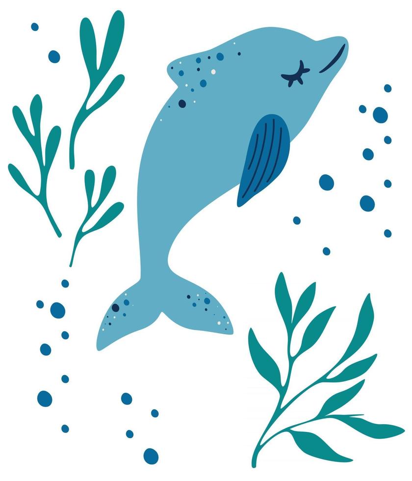 delfines y algas. delfines flotando entre las algas marinas. concepto de animales marinos y fauna submarina salvaje. animal mamífero acuático marino. linda ilustración vectorial plana vector