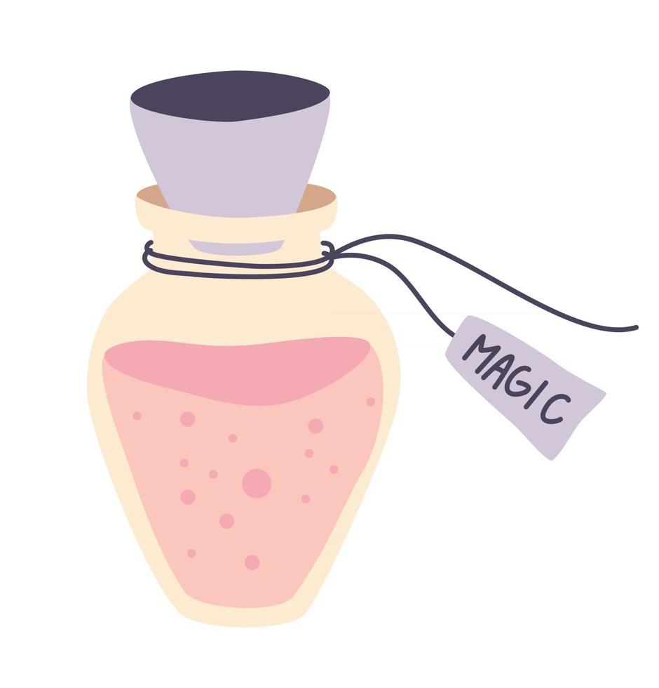 botella mágica. matraz de vidrio. poción mágica. botella de poción líquida elixir mágico. símbolo para invitar al amor, tarjetas de felicitación e impresión. diseño para halloween. ilustración vectorial aislado en un fondo blanco vector