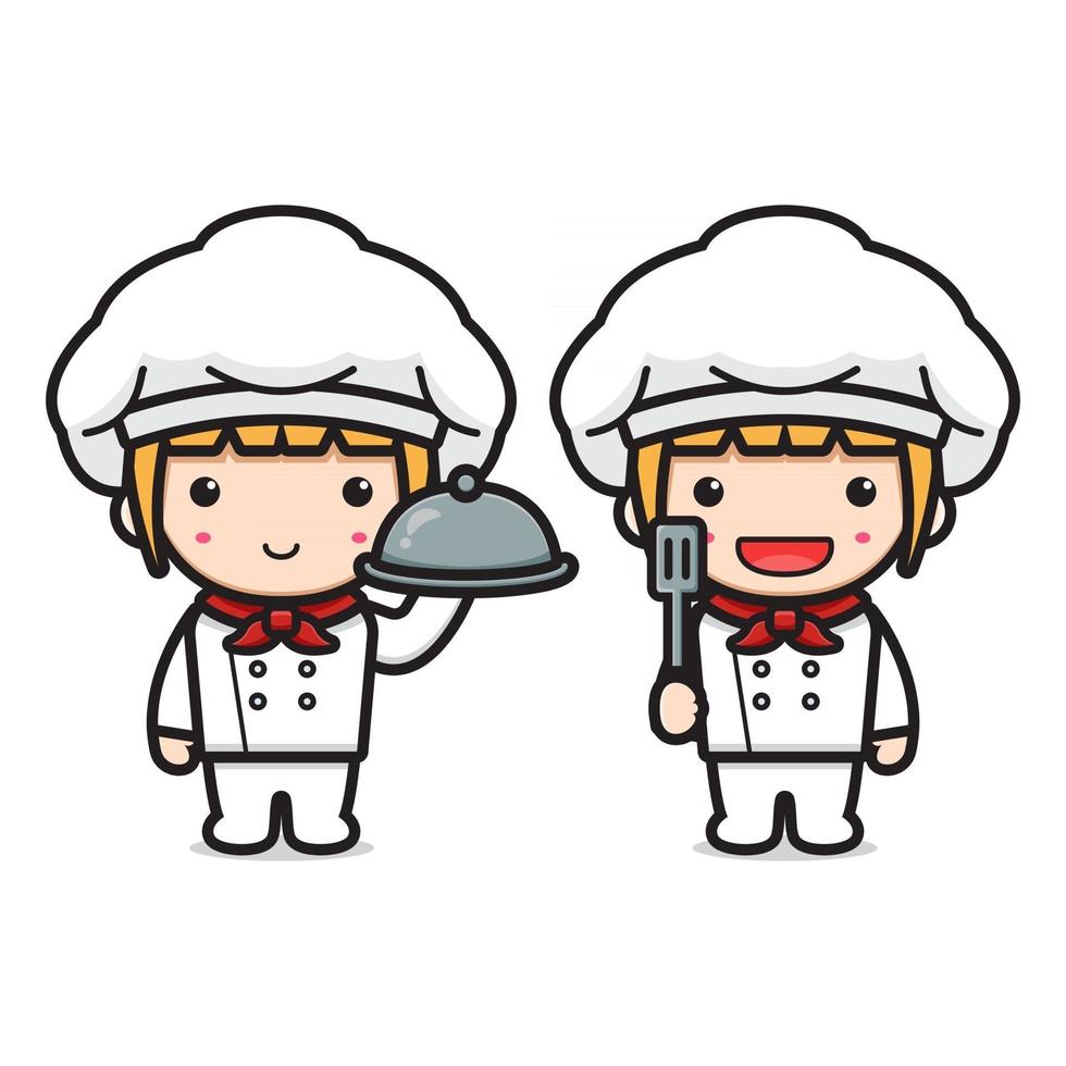 Cute chef holding spatula and plate cartoon icon vector illustration