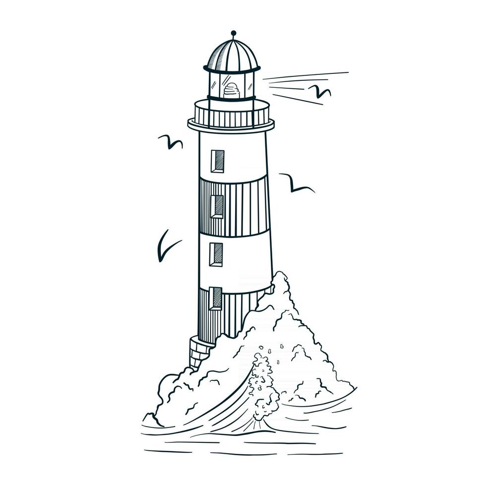 Line Art Lighthouse Engraving Style Vector Illustration