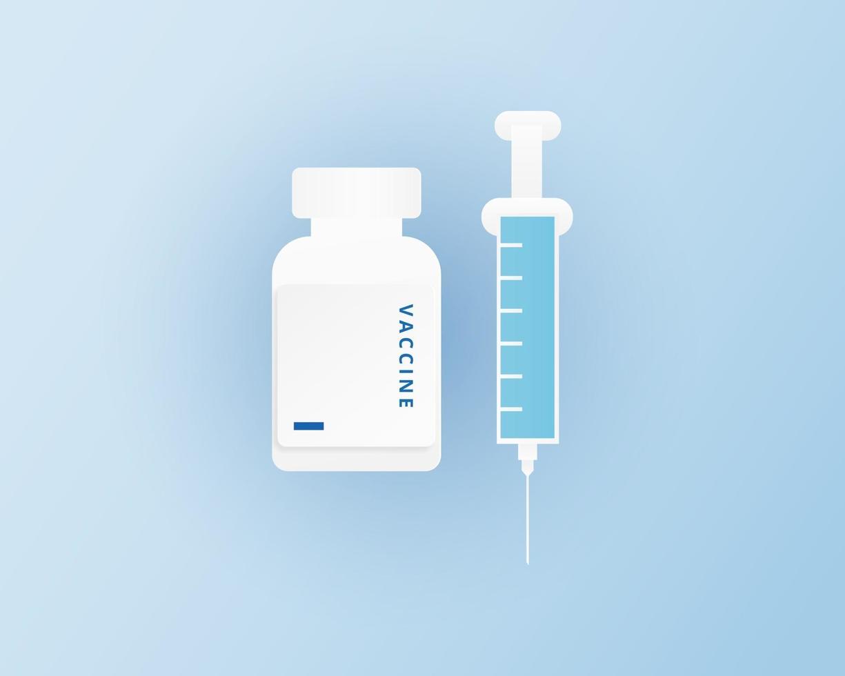 Medical syringe with vaccine in paper cut style. Vaccine concept isolated on blue background. Vector illustration.