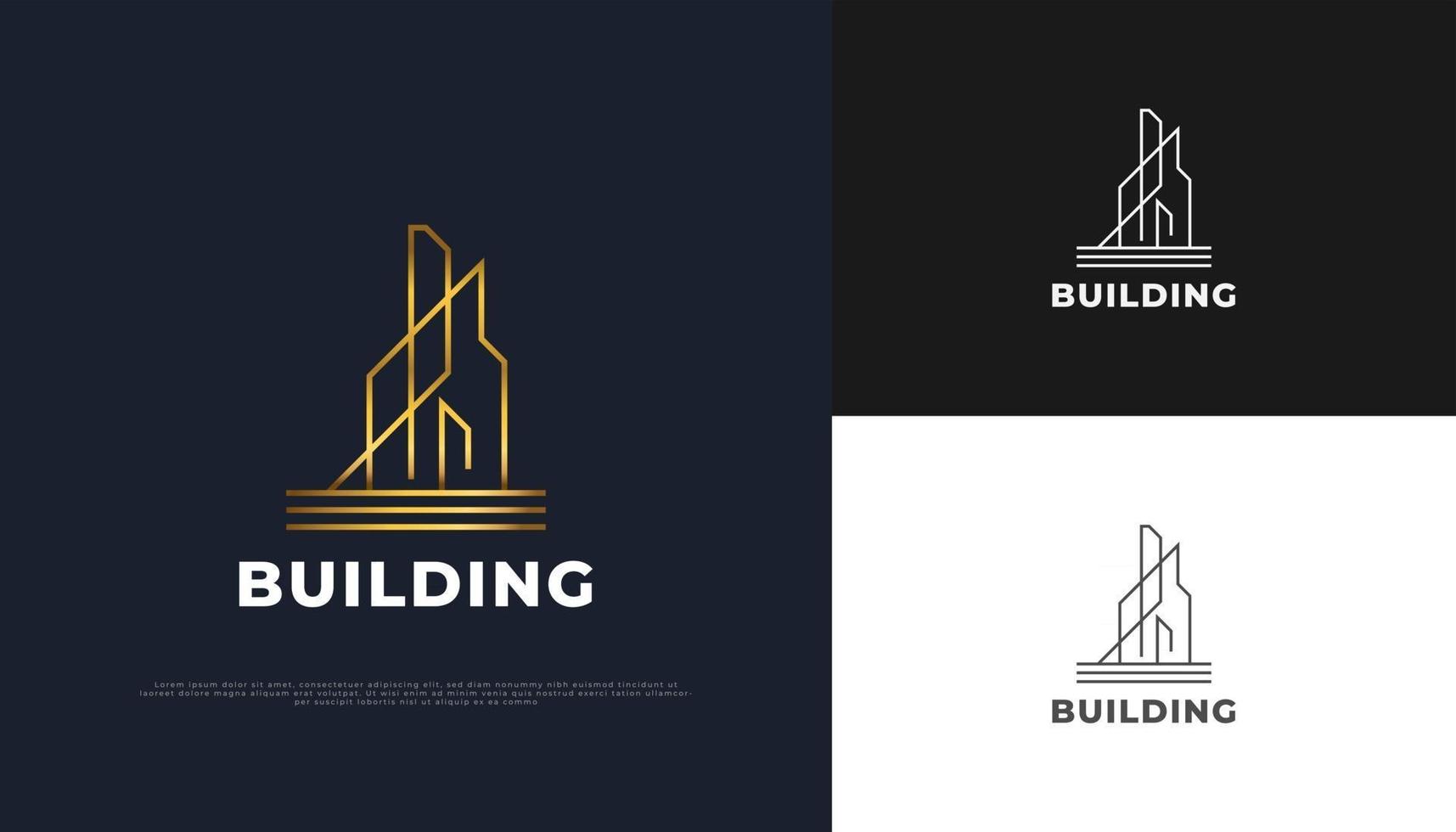 Luxury Gold Real Estate Logo Design with Linear Concept. Construction, Architecture or Building Logo Design Template vector