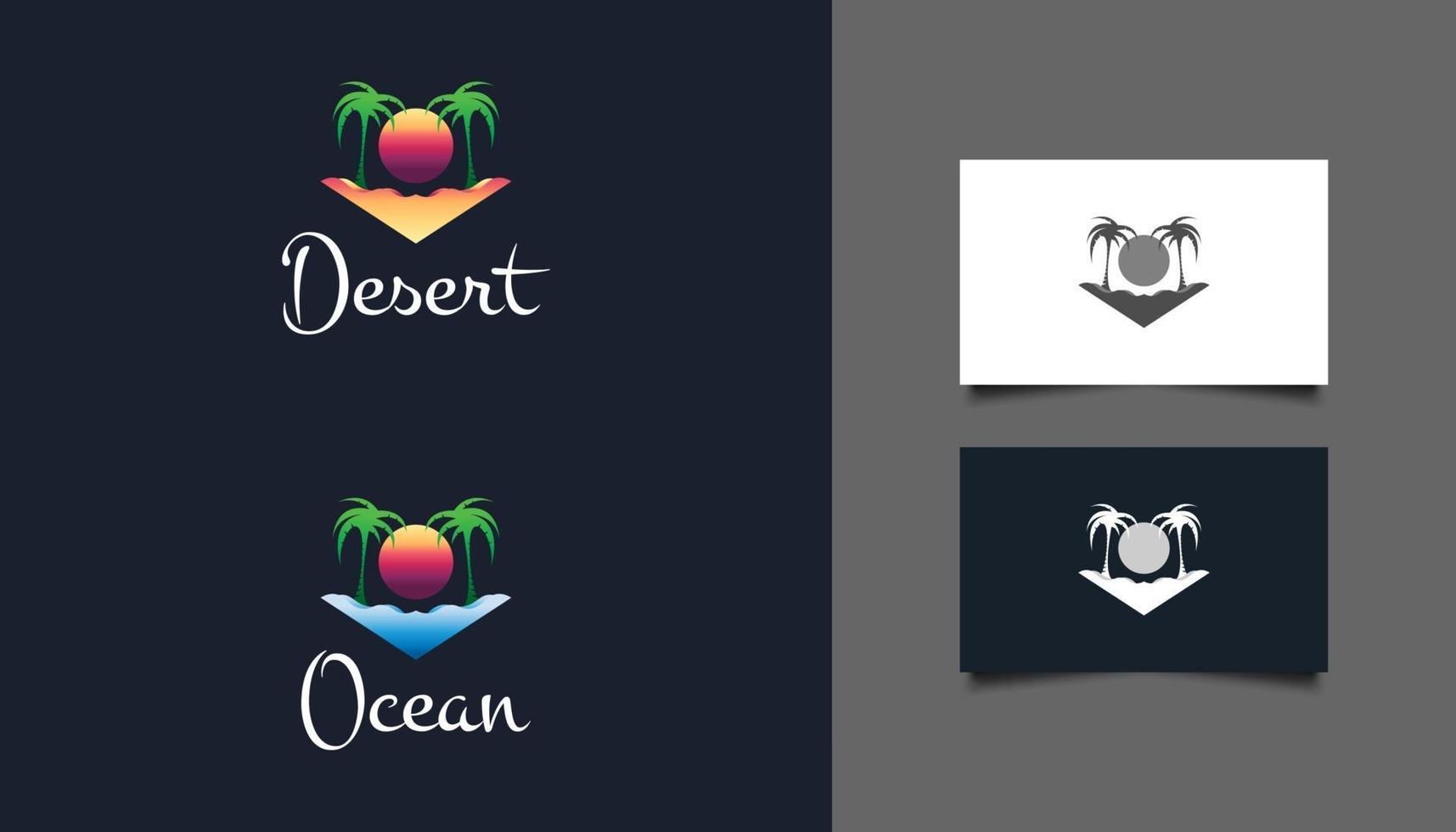 Diseño de logotipos de desierto y playa para logotipos de la industria turística, de vacaciones o de resorts vector