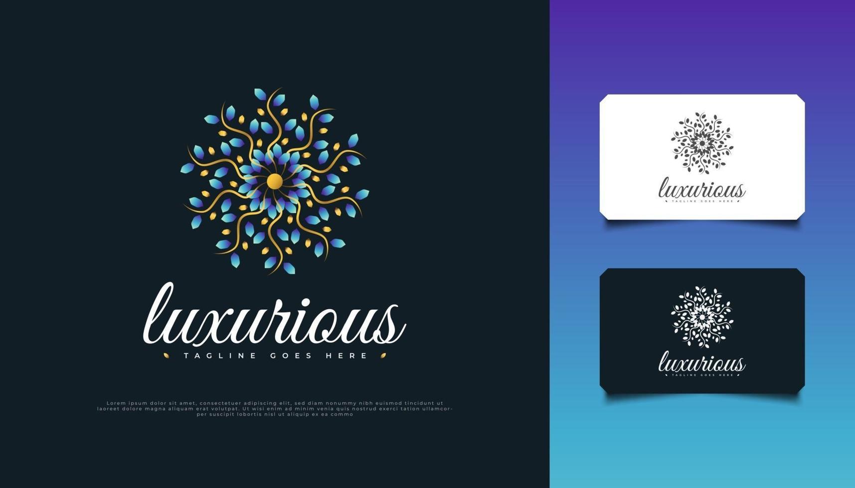 Luxurious Nature Floral Leaf Ornament Logo, Suitable for Spa, Beauty, Resort, or Cosmetic Product Brand Identity. Elegant Blue and Gold Mandala vector