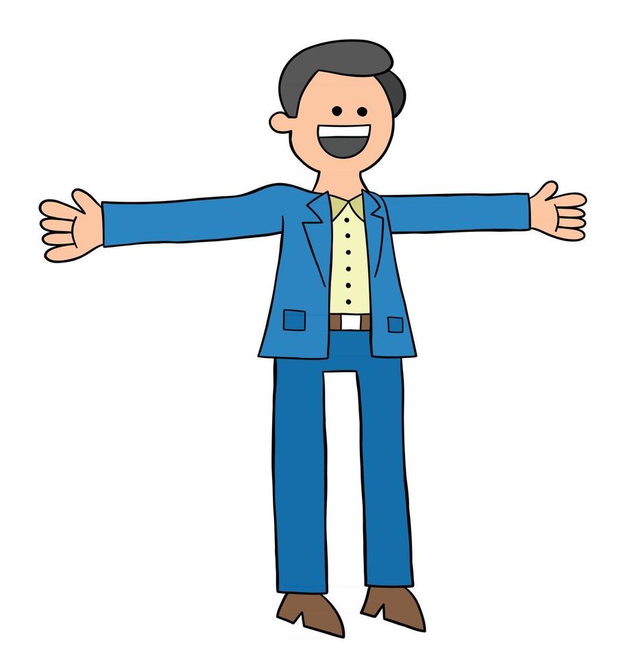Hombre de dibujos animados en traje con las manos abiertas y la ilustración de vector feliz