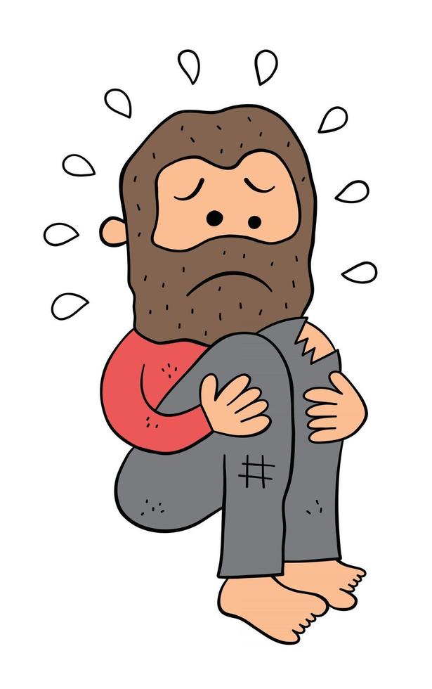 caricatura, hombre sin hogar, agachado, y, muy, triste, vector, ilustración vector