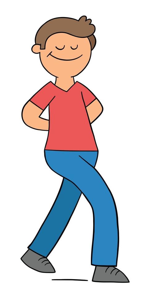 Cartoon Man Walks Happy With Eyes Closed Hands Behind Vector Illustration