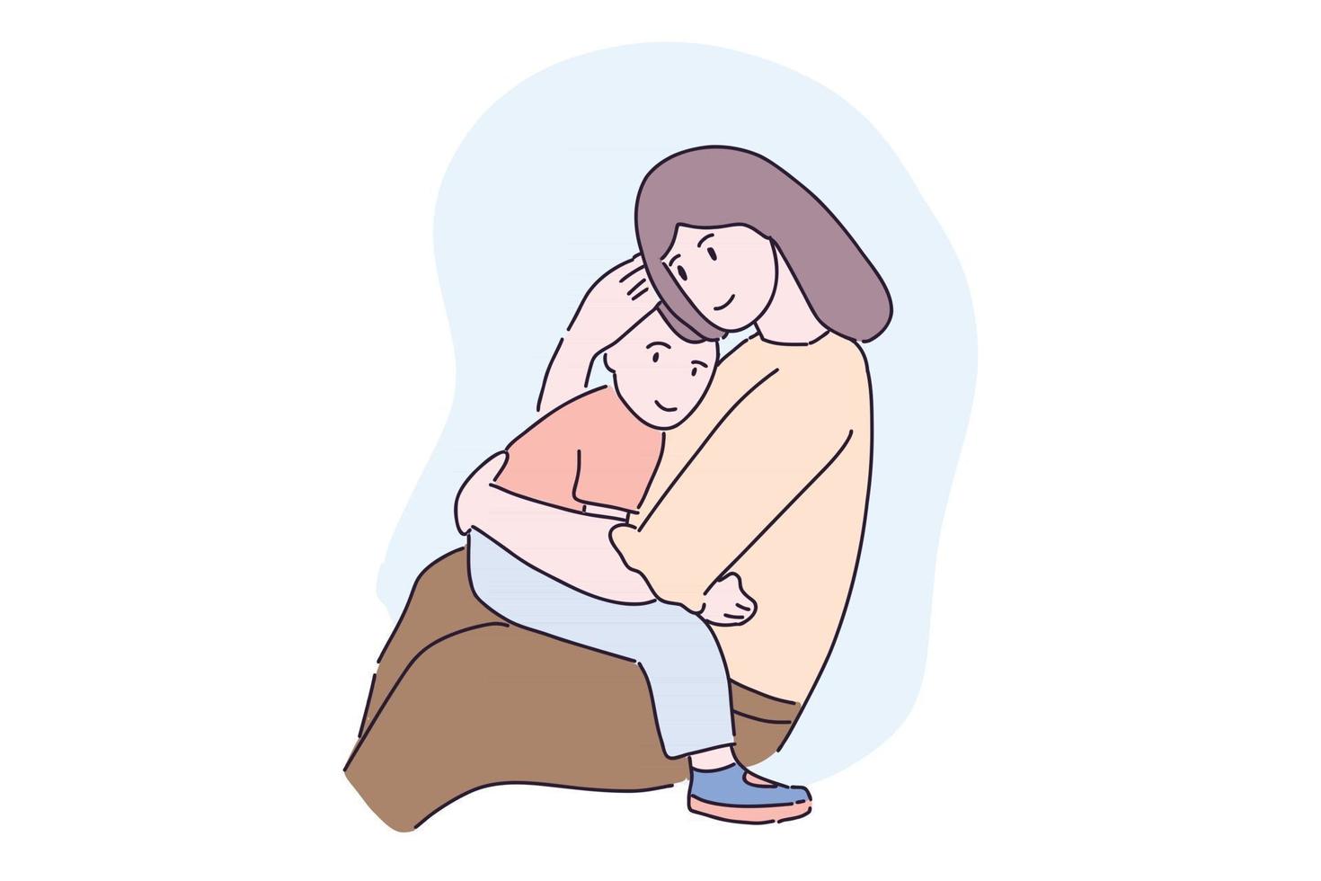 Hand drawn illustration cute mother hug son with love vector