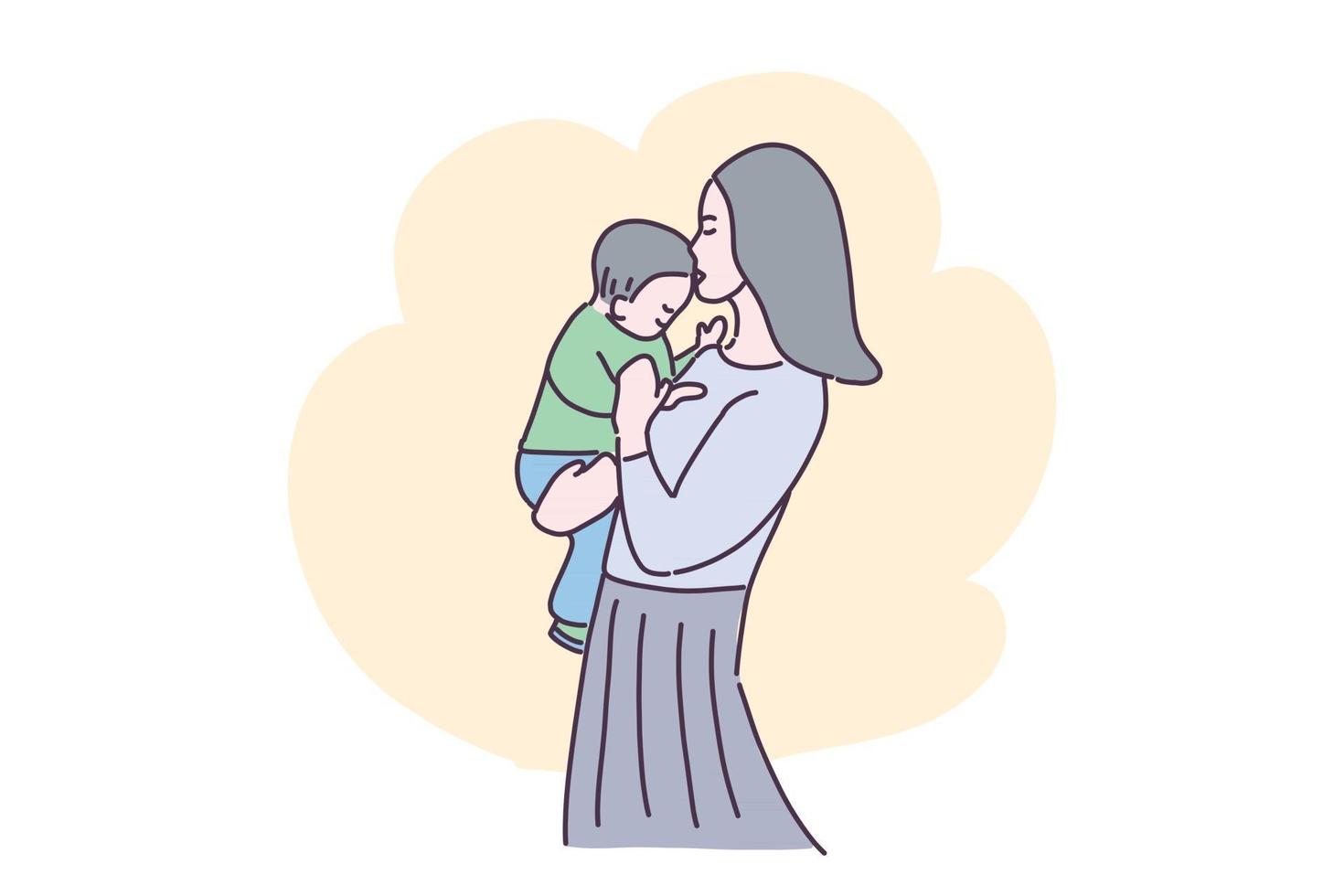 Hand drawn illustration sweet mother hug baby vector