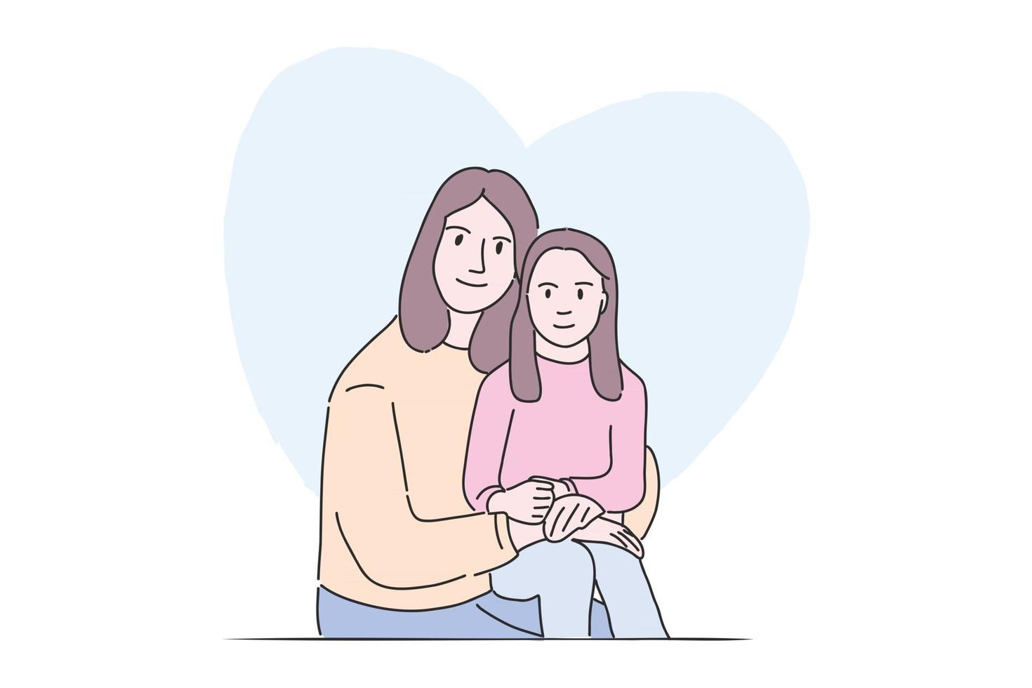 Hand drawn illustration sweet pose mother and daughter vector