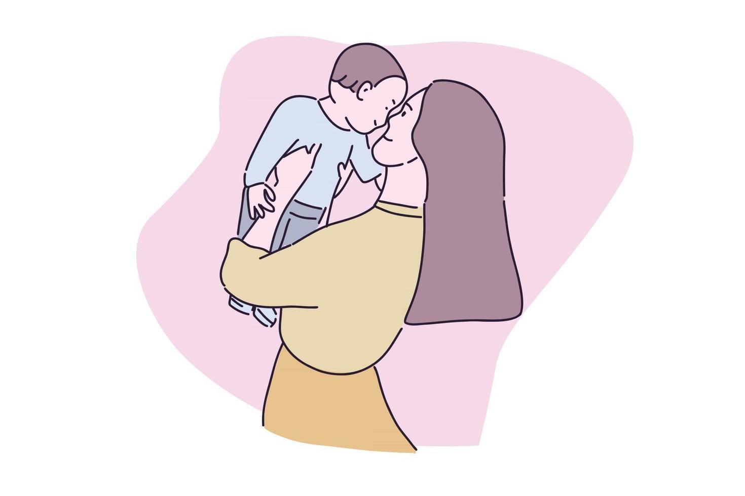 Hand drawn illustration mother playing with her baby vector