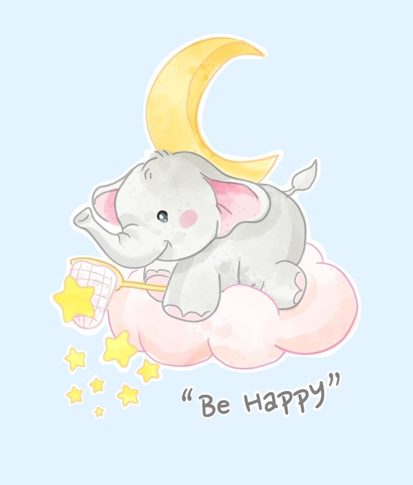 Happy Slogan with Cute Elephant with Stars Illustration vector