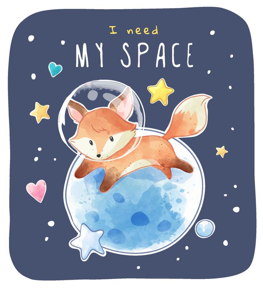 Little Space fox with Planet and Stars Illustration vector