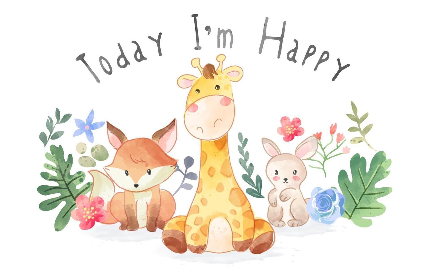 Cute Wild  Animals Friendship and Happy Slogan Illustration vector
