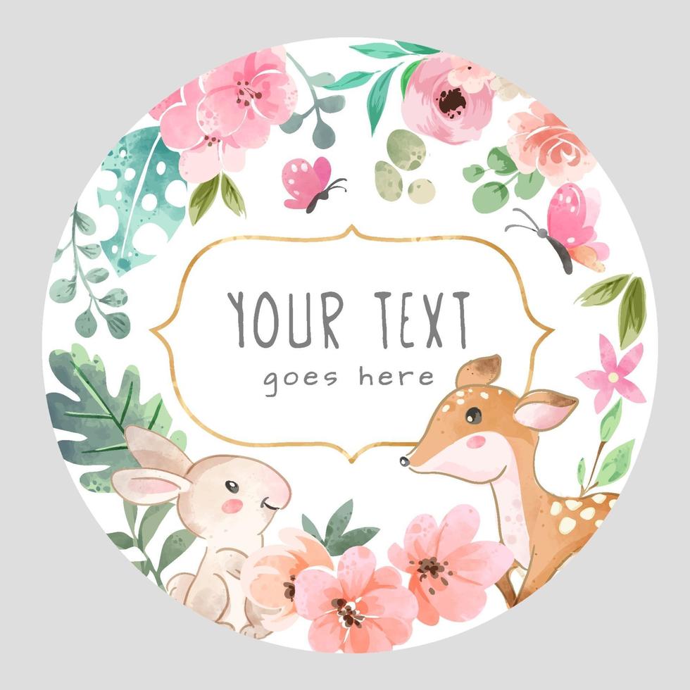 Circle Sign with Cute Wild Animal and Colorful Flowers Illustration vector