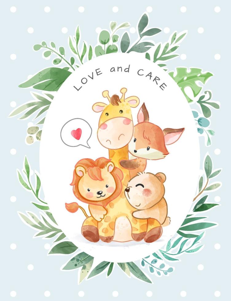 Wild Animals Friend Hugging in Ovel frame Illustration vector
