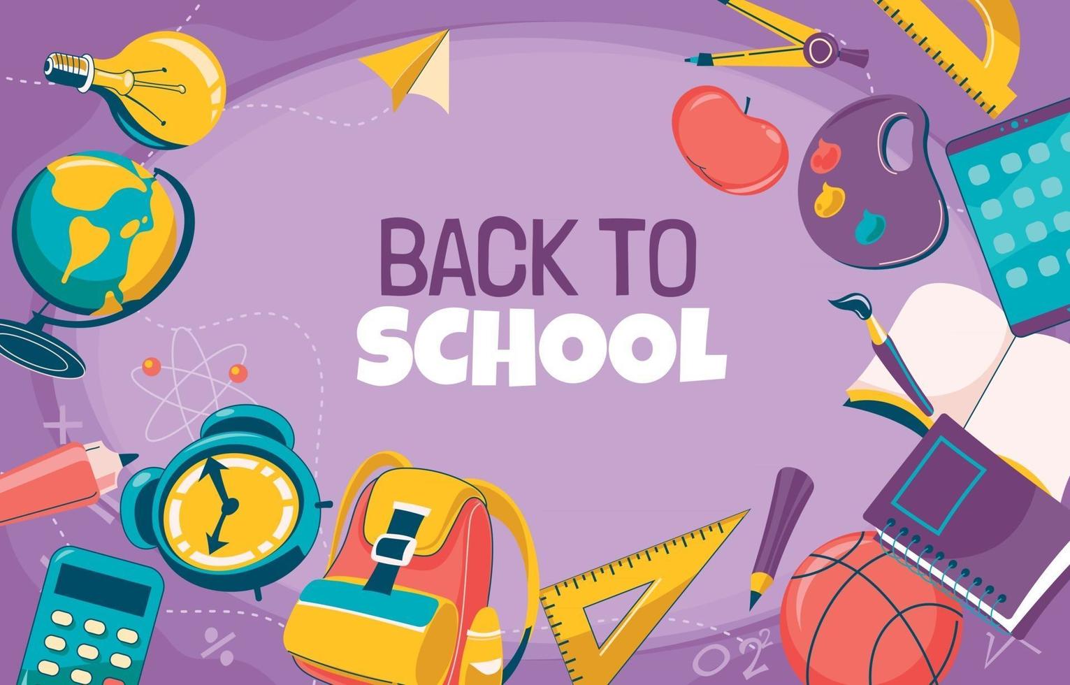 Top View School Supplies on Violet Background vector