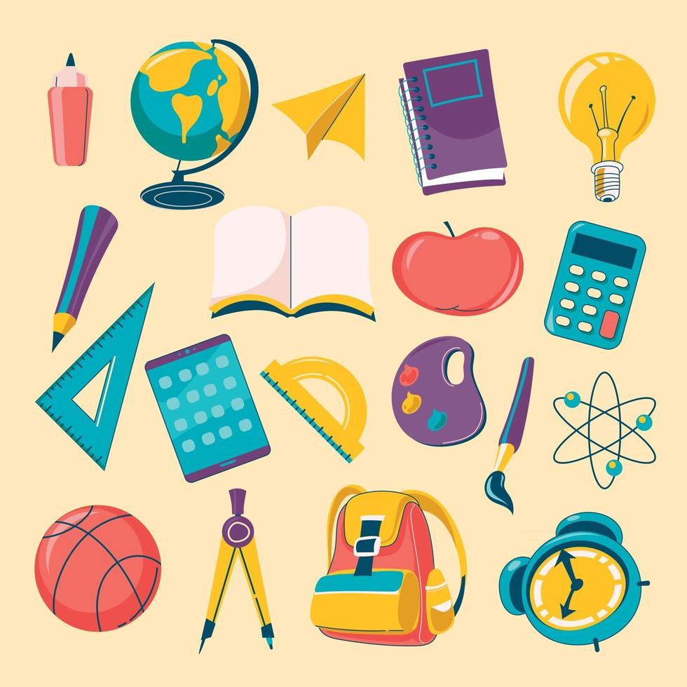 Colorful Cartoon School Supplies Icon Set vector