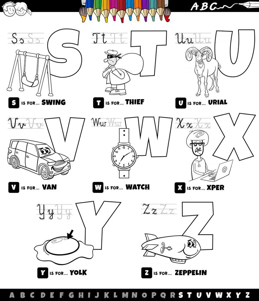 Alfabeto de dibujos animados de la sa la z página del libro para colorear vector