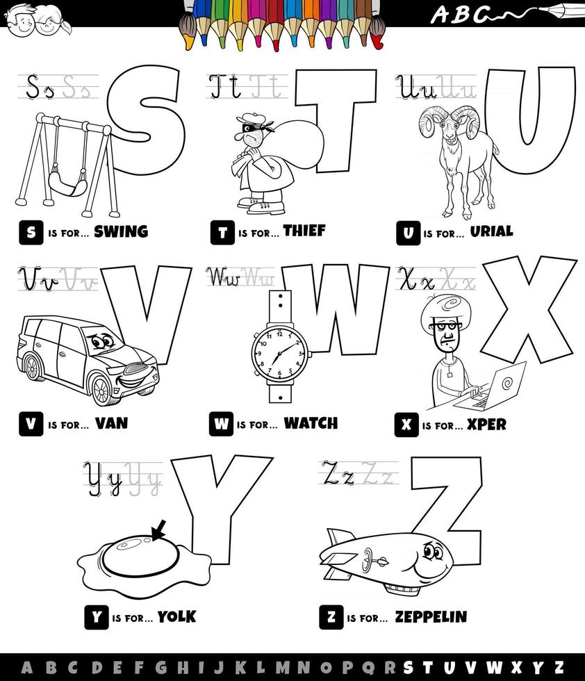 cartoon alphabet set from S to Z coloring book page vector
