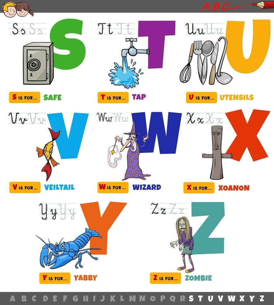 educational cartoon alphabet letters for children set from S to Z vector