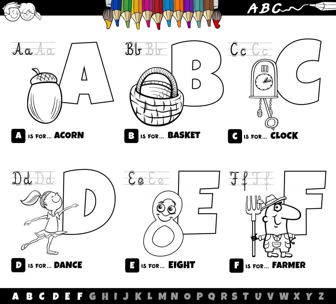 Conjunto de letras del alfabeto de dibujos animados educativos de la a a la f página del libro de color vector