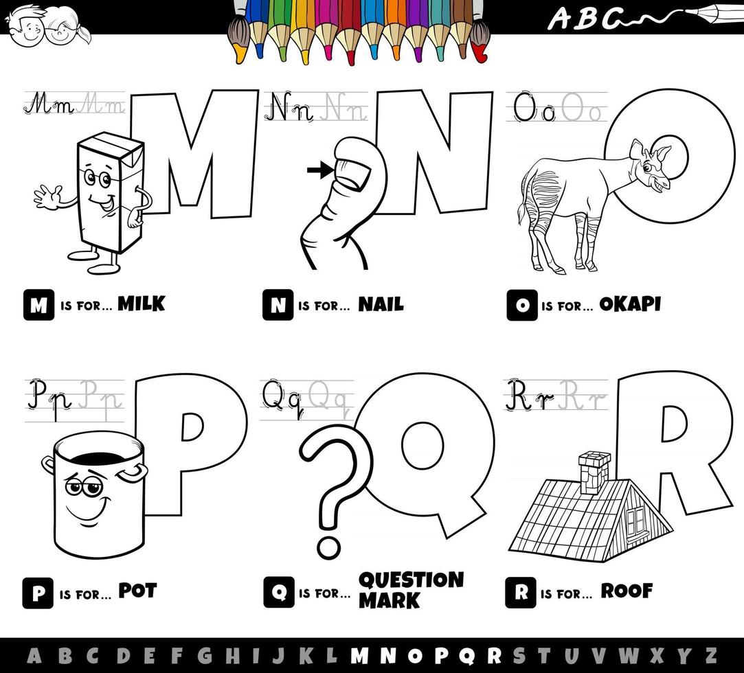 cartoon alphabet letters set from M to R coloring book page vector