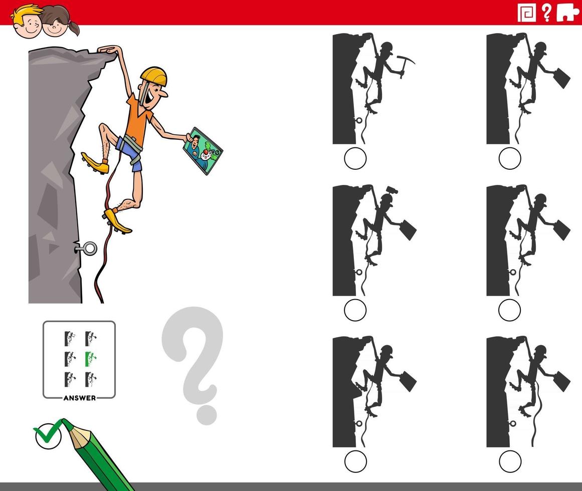 juego educativo de sombras con personaje escalador de dibujos animados vector