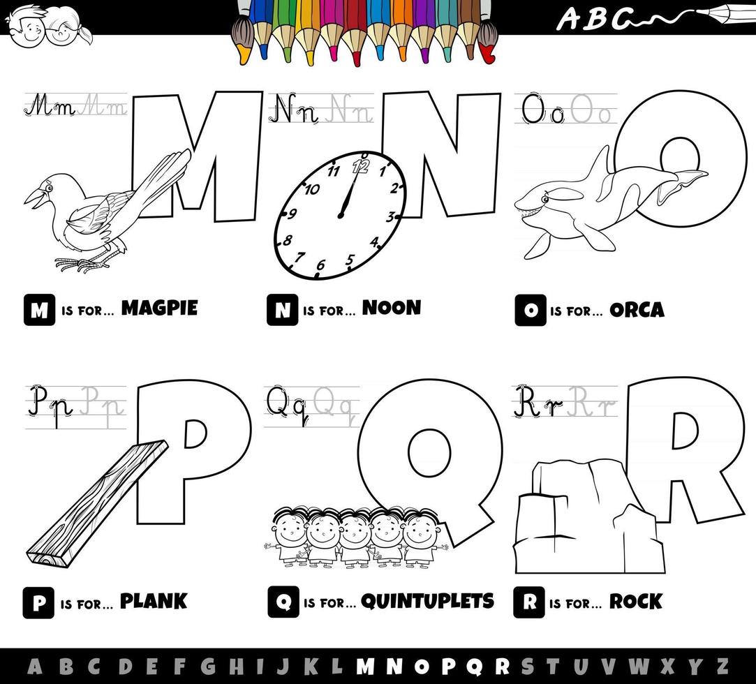 educational cartoon alphabet letters set from M to R color book page vector